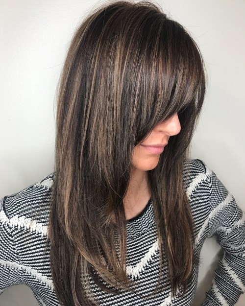 Straight Hair with Highlights and Thick Bangs