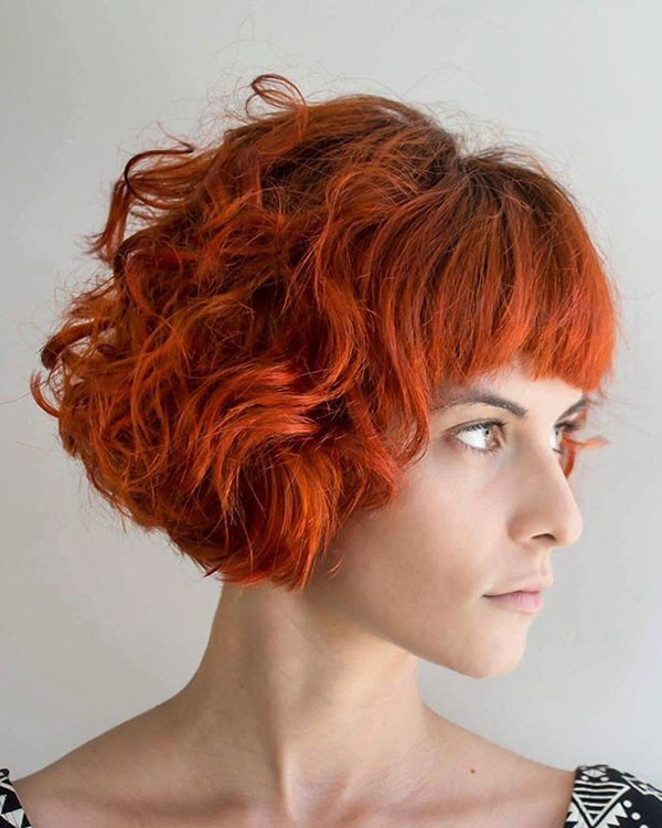 Curly Red Bob with Bangs