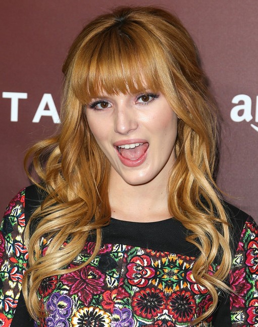 2014 Bella Thorne Long Hairstyles Curled with Blunt Bangs