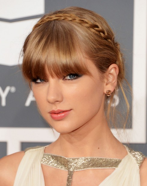 2014 Taylor Swift Hairstyles – Braided Updo with Bangs
