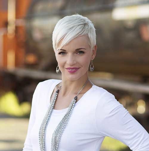 Side Swept White Colored Pixie Haircut with Long Bangs
