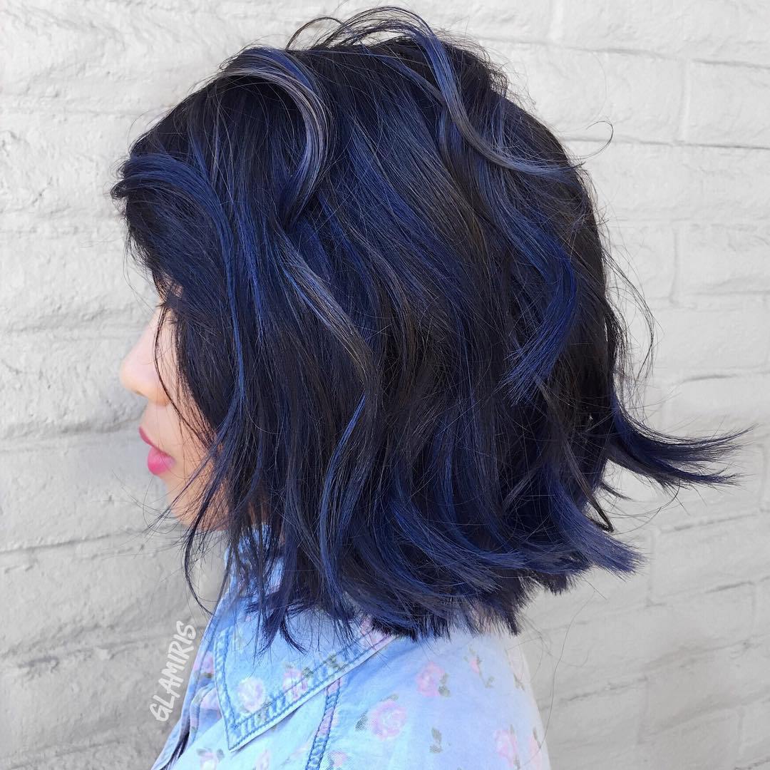 Black Bob Haircut With Blue Balayage