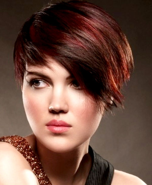 Short brown hair with red highlights