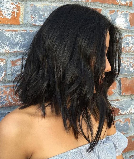 Shoulder length hairstyle – trendy messy black long bob hairstyle