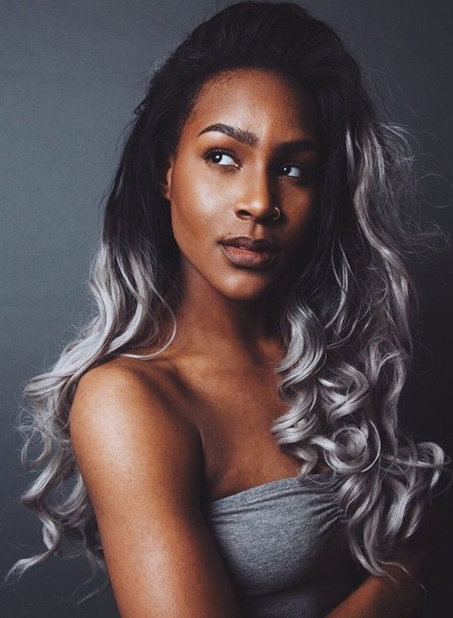 Silver Ombre Curls with Black Hair