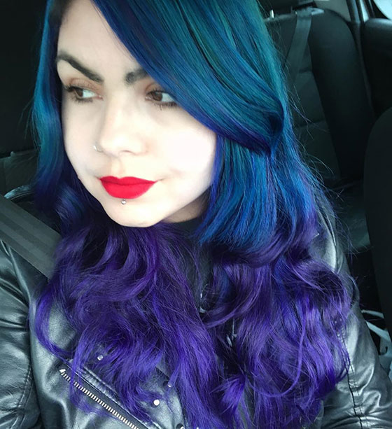 Bouncy Blue And Purple Curls With Side Swept Bangs