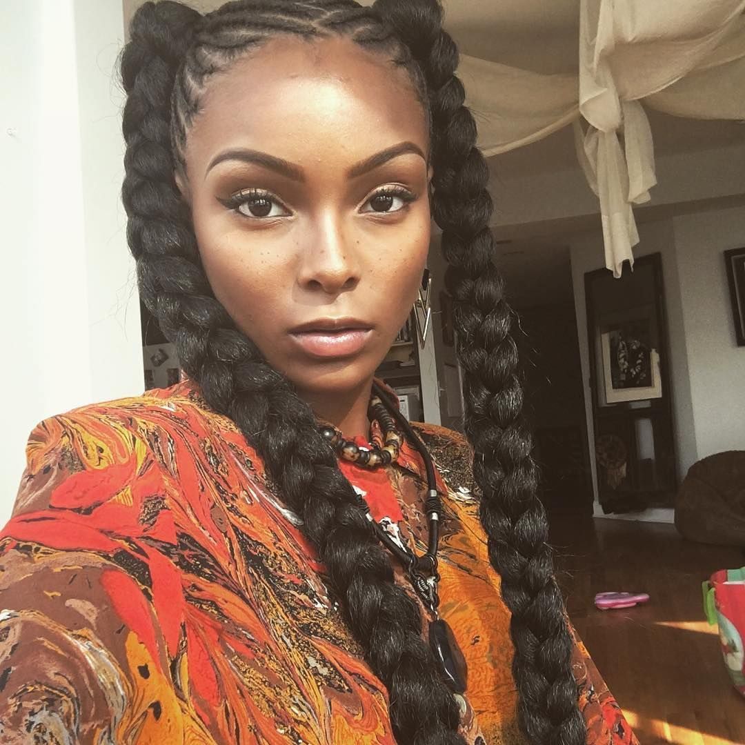 Diagonal Thin Front Cornrow with Two Thick Braids