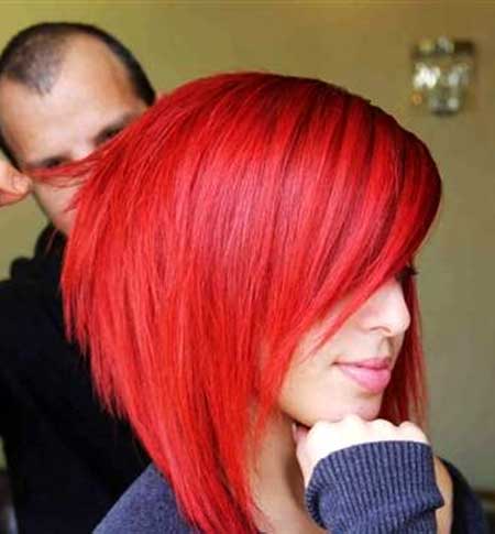 Bright Red Colored Short Bob Hair
