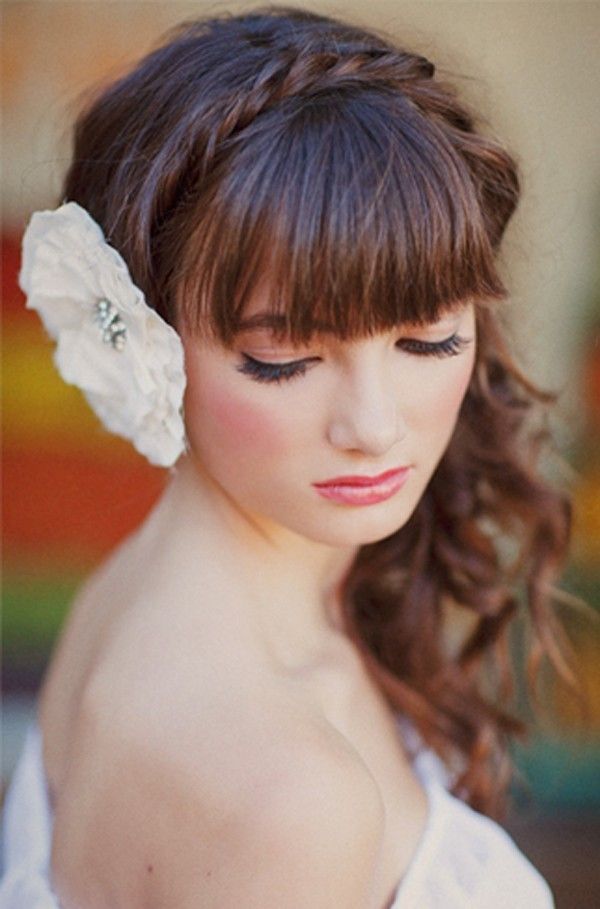Chestnut Curly Hair with Bangs and Braided Headband