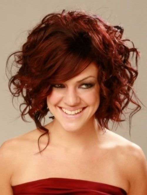 Cute Dark Red Curly Layered Hair with Side Bangs