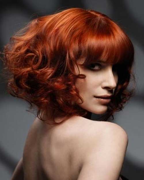 Red Curly Bob Style with Blunt Bangs
