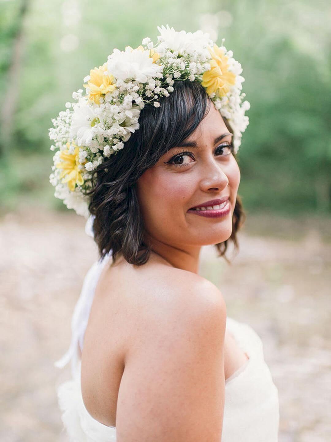 Ultimate Bridal Hairdo with Curly Bangs and Floral Tiara