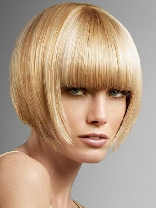 Short blond bob with blunt bangs