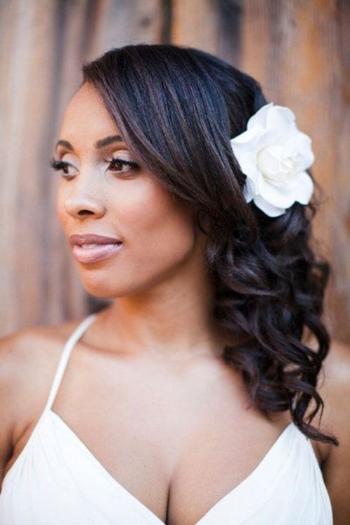 Side Curly Hairstyle With A Hair Flower And Long Bangs