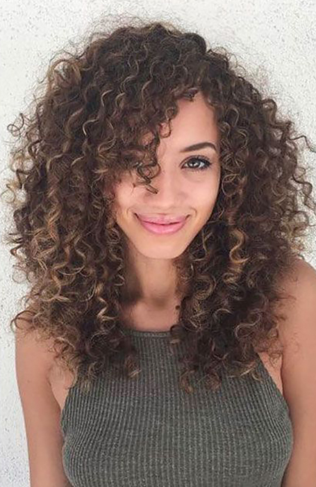 Long Curly Hair with Side Bangs