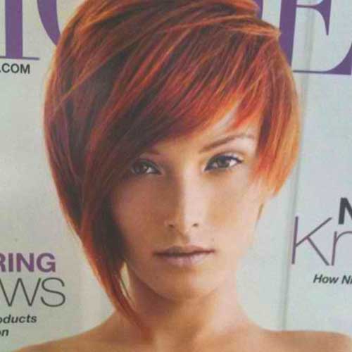 Red Short Asymmetrical Bob Style with Thin Bangs