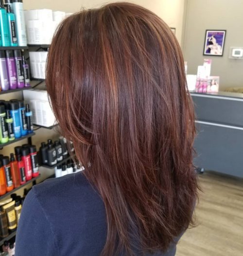 Straight layered dark red hair