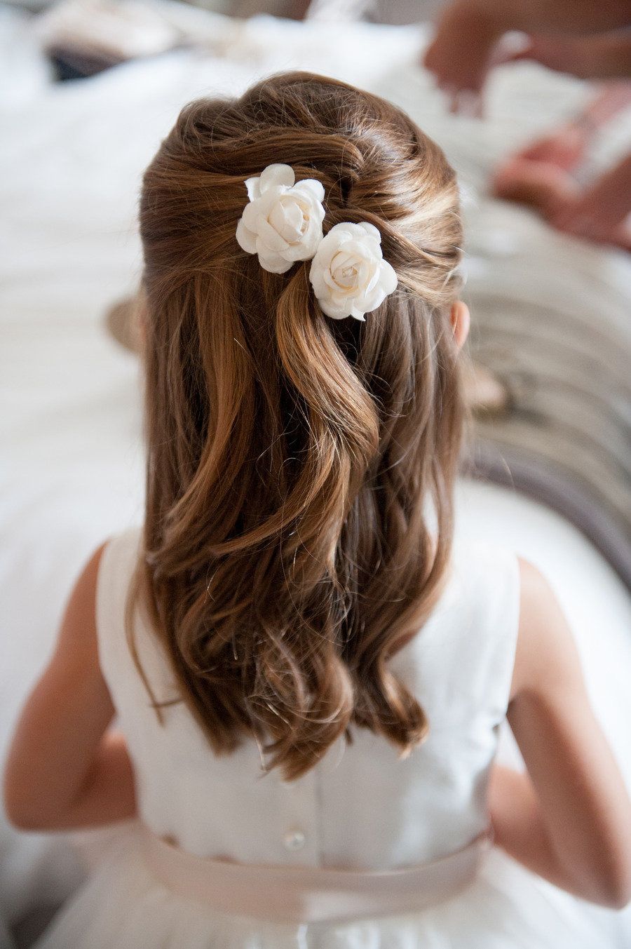 Waterfall Hairstyle with Two Simple White Rose